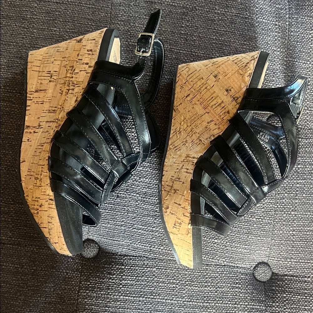 Black Strappy Cork Wedge Sandals